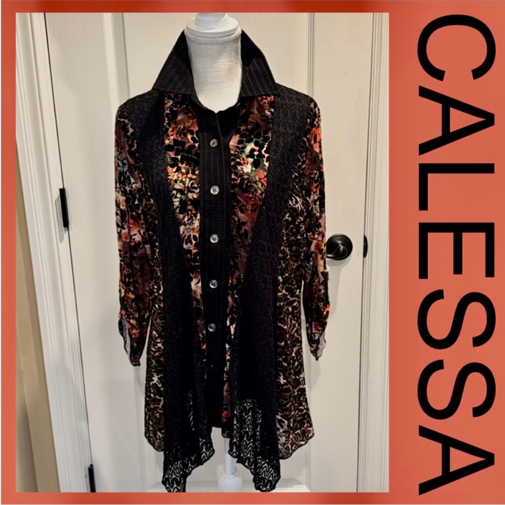 CALESSA Women’s- Sz L - BLACK ASYMMETRICAL BUTTON TOP w/COLLAR-ROLLABLE SLEEVES - Picture 2 of 14
